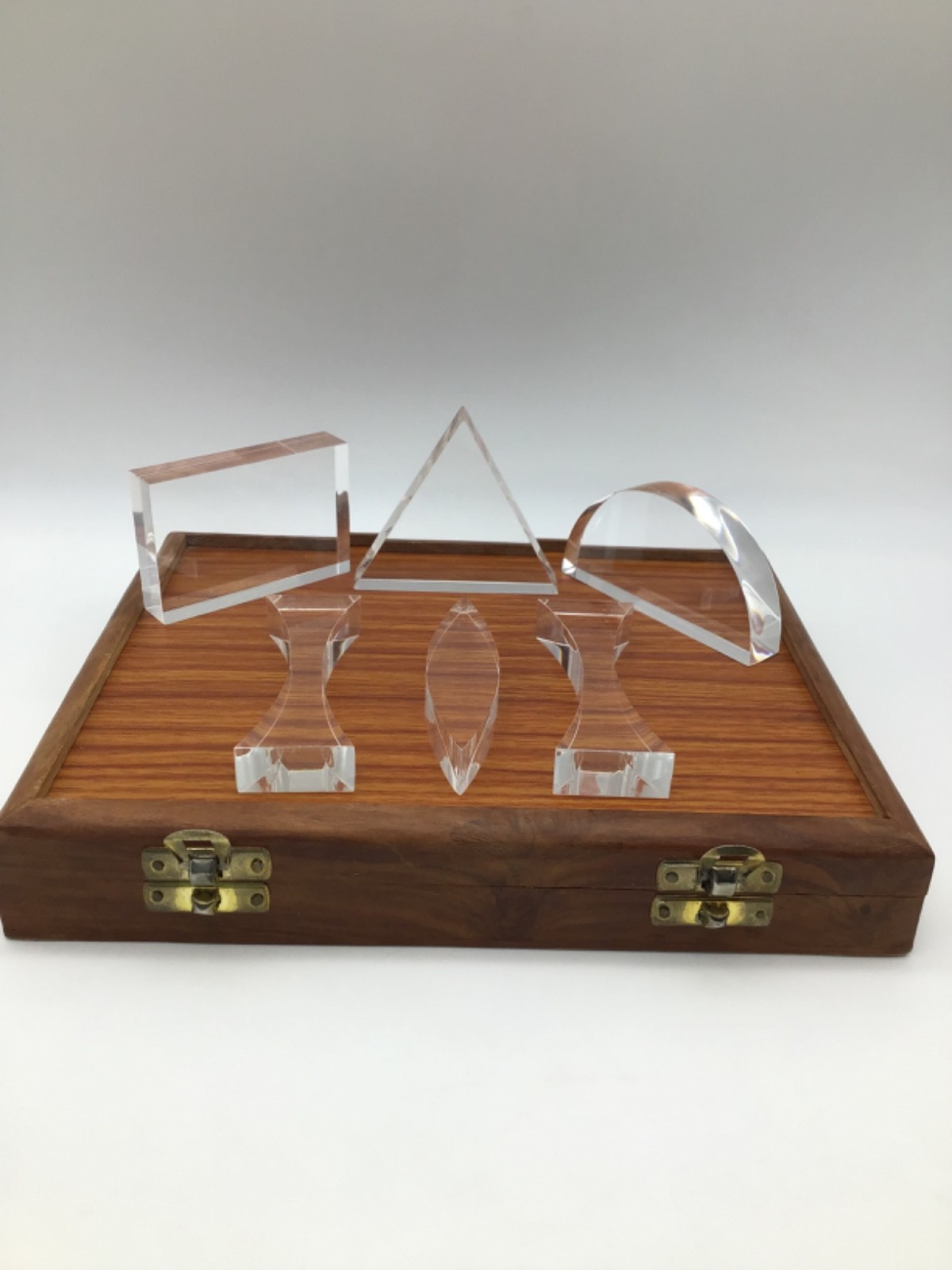 Optical Prism Set Of 6 Pieces Clear Acrylic Teaching Aid Wooden Boxed