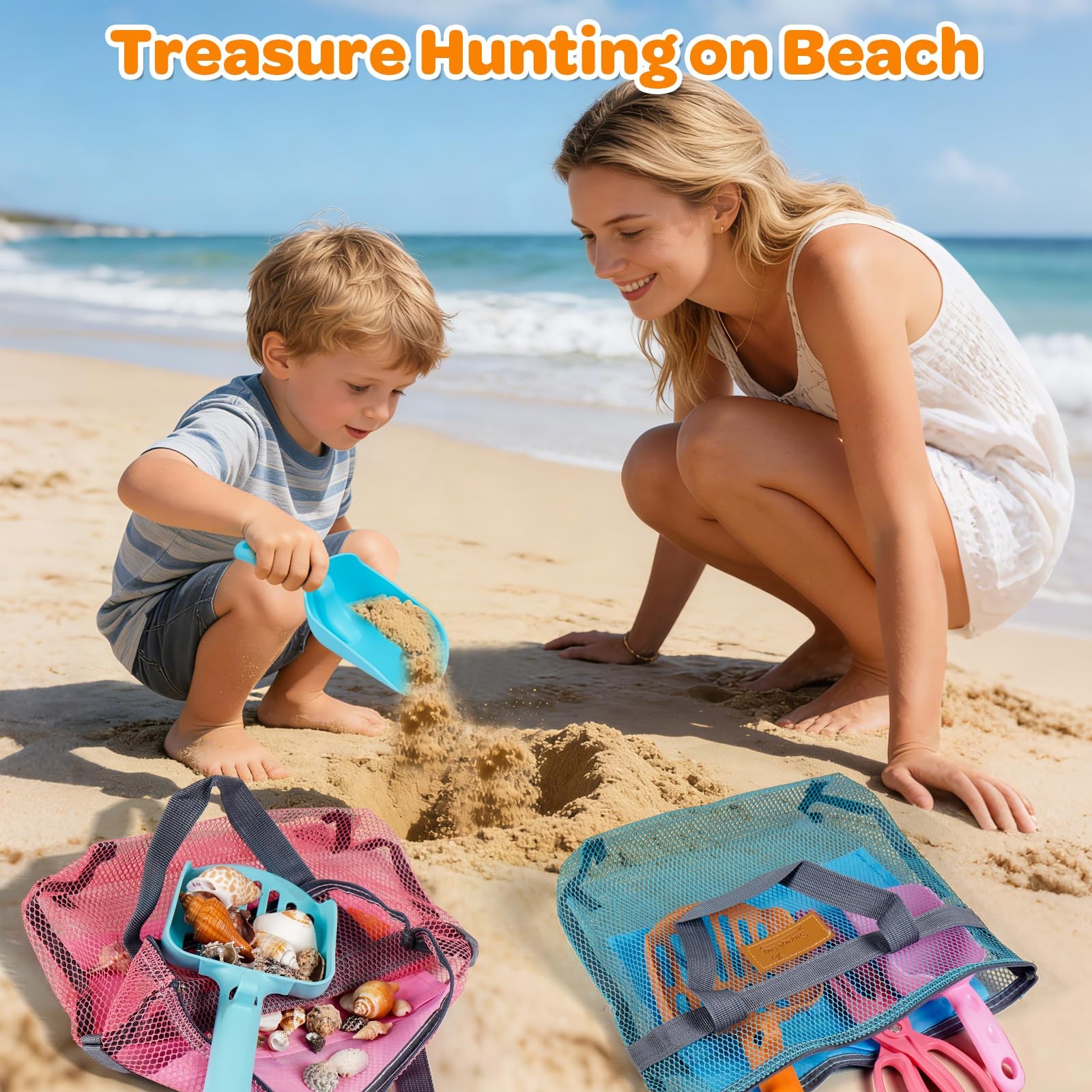 Beach Sand Toy Kids Age 4-8 Sandbox Kits with Mesh Shell Bags, Multicolored