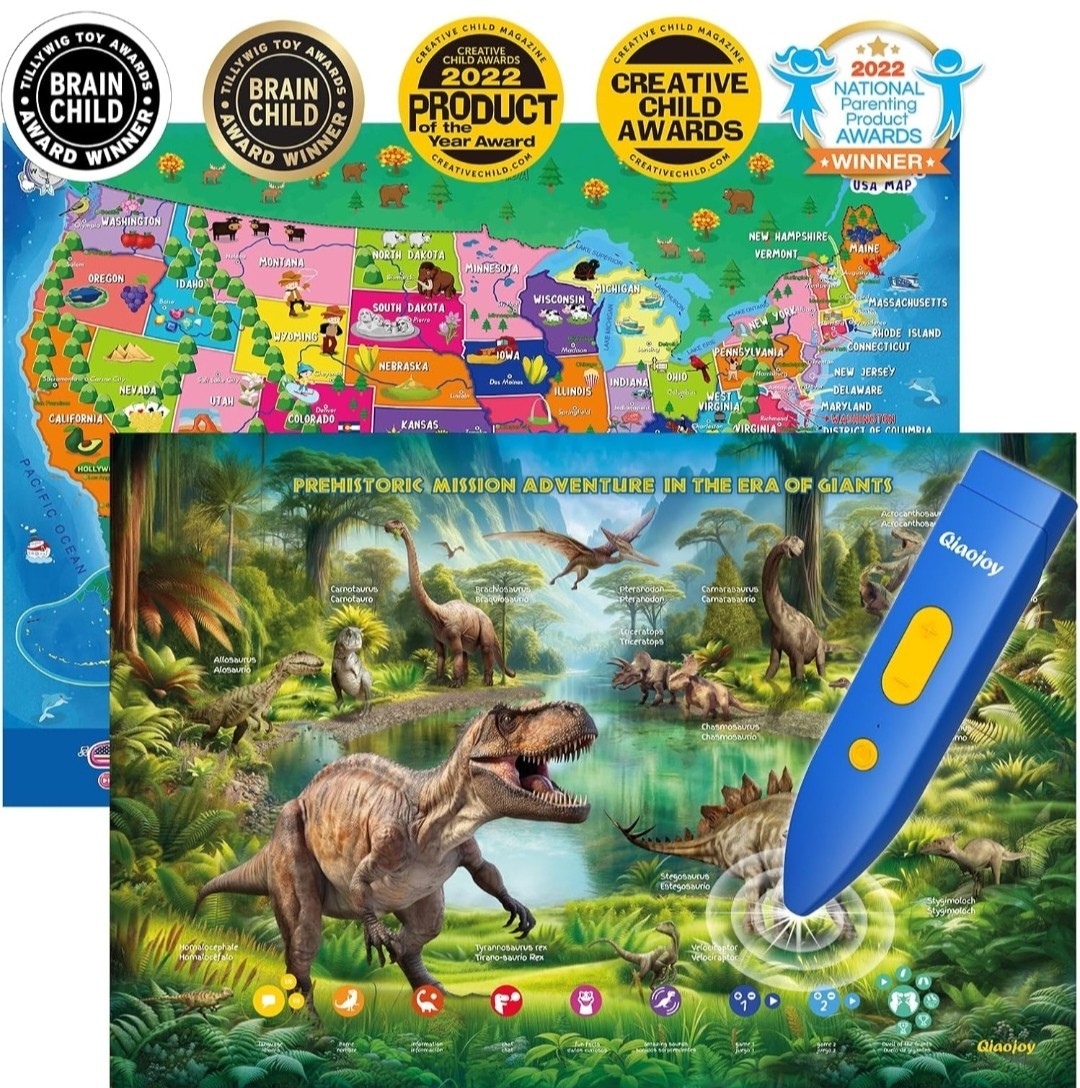 Bilingual Talking USA Map & Dinosaur Learning Poster for Kids Ages 3-12.