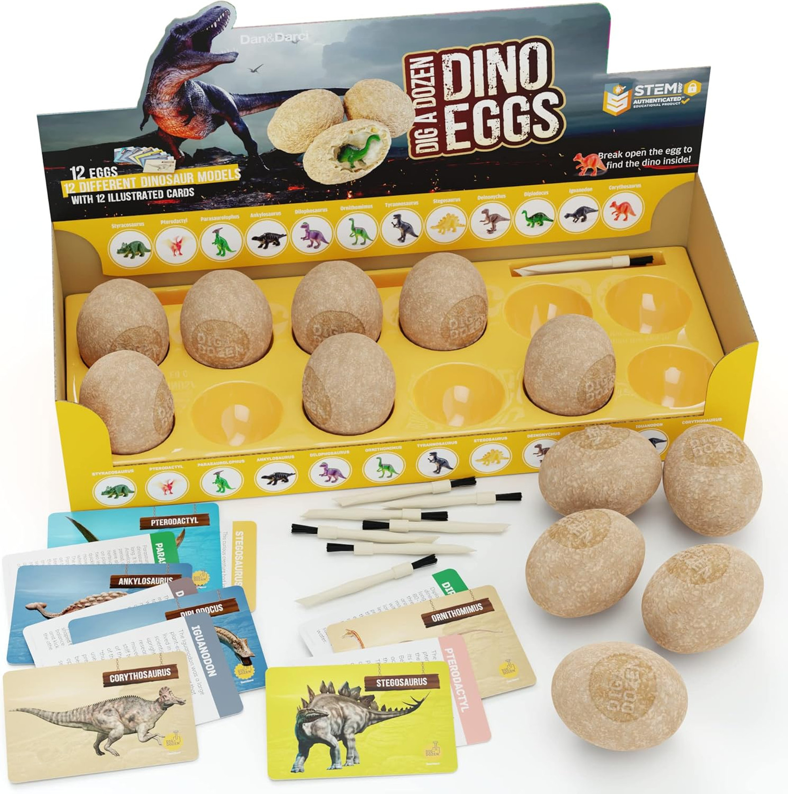 Dinosaur Dig Kit for Kids, 12 Dino Eggs, Fossil Excavation, STEM Science