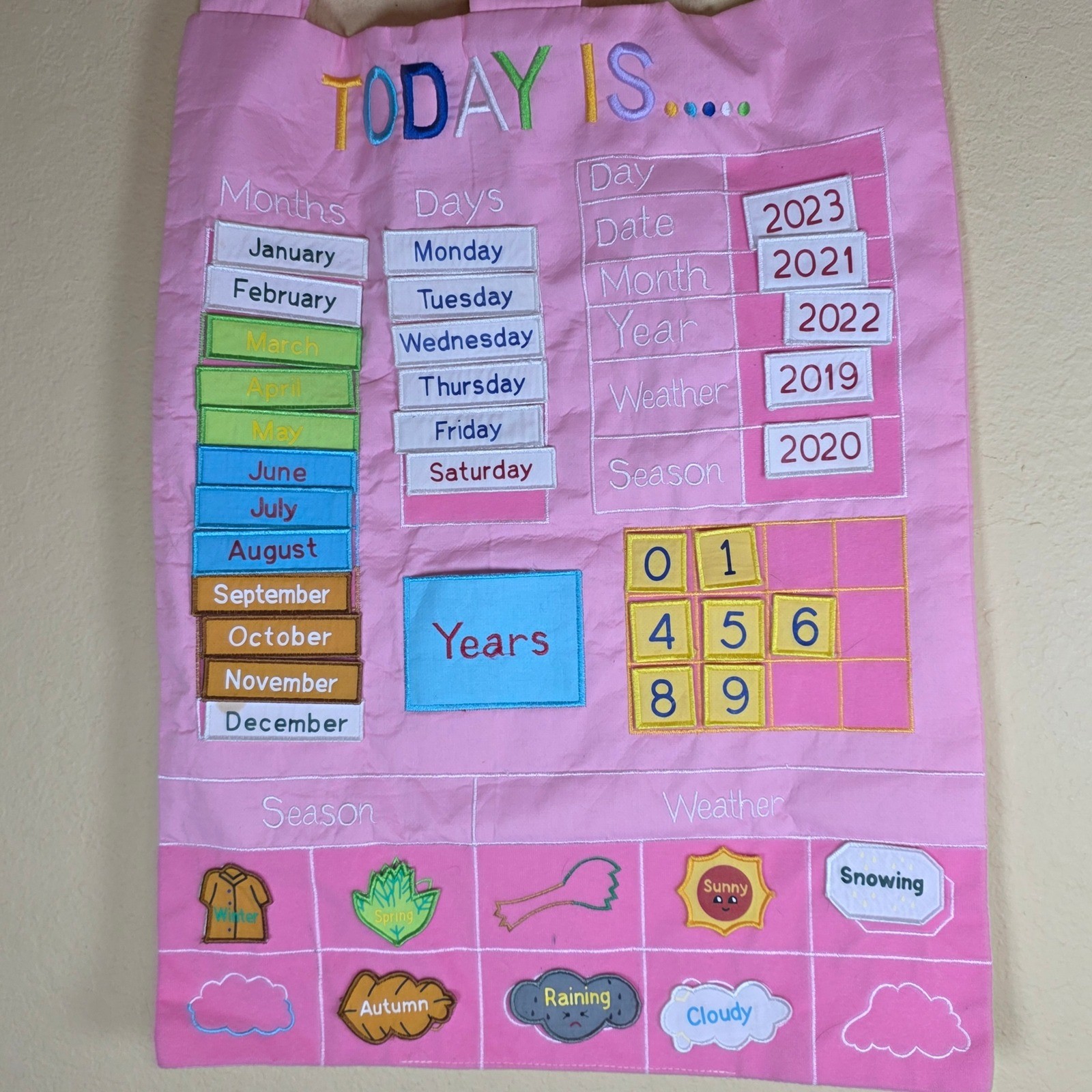 Kids Interactive Fabric Wall Calendar Pink Educational Weather Season Chart