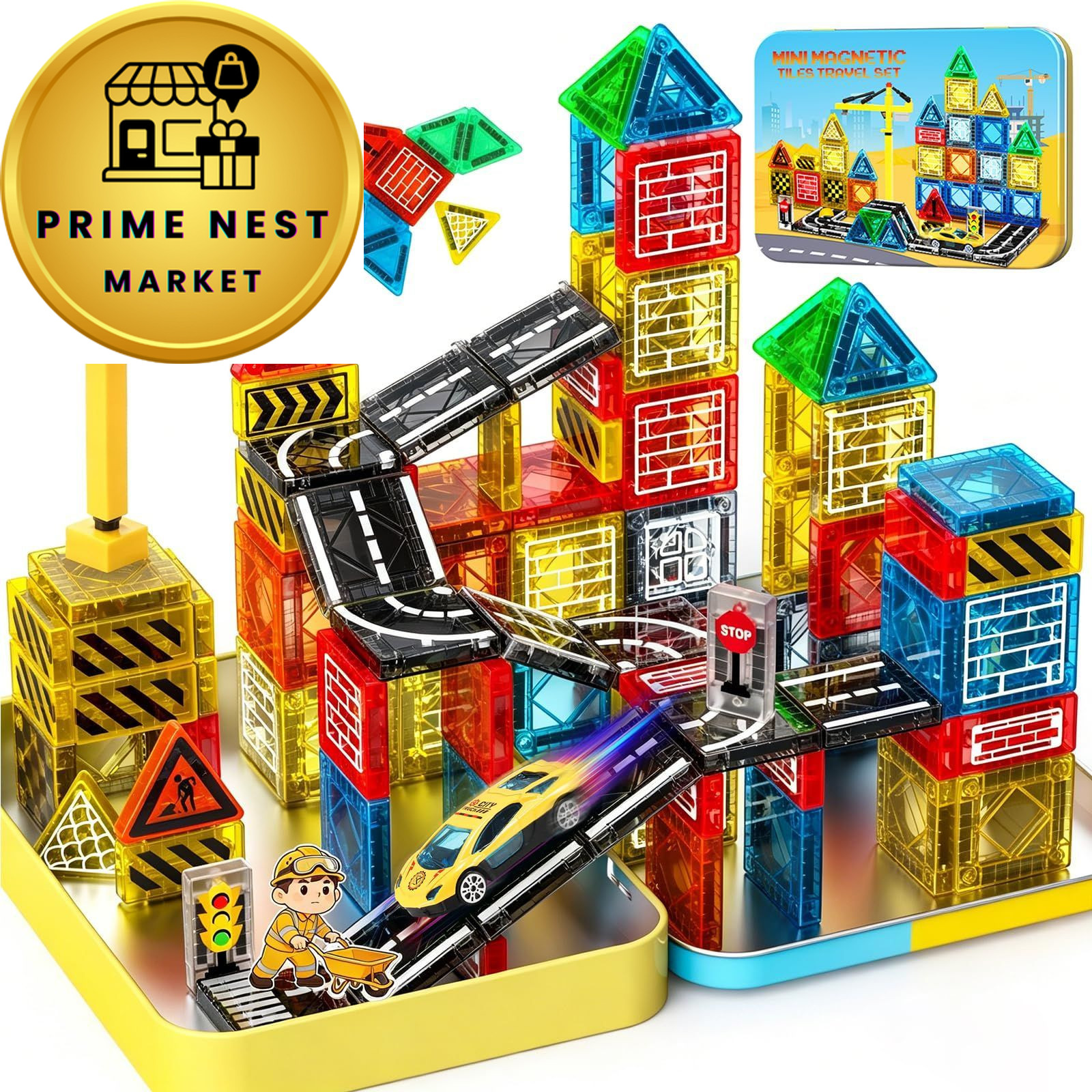 Magnetic Tiles – Construction Toys, 53pcs, Red, Blue, Yellow, Green, Etc.