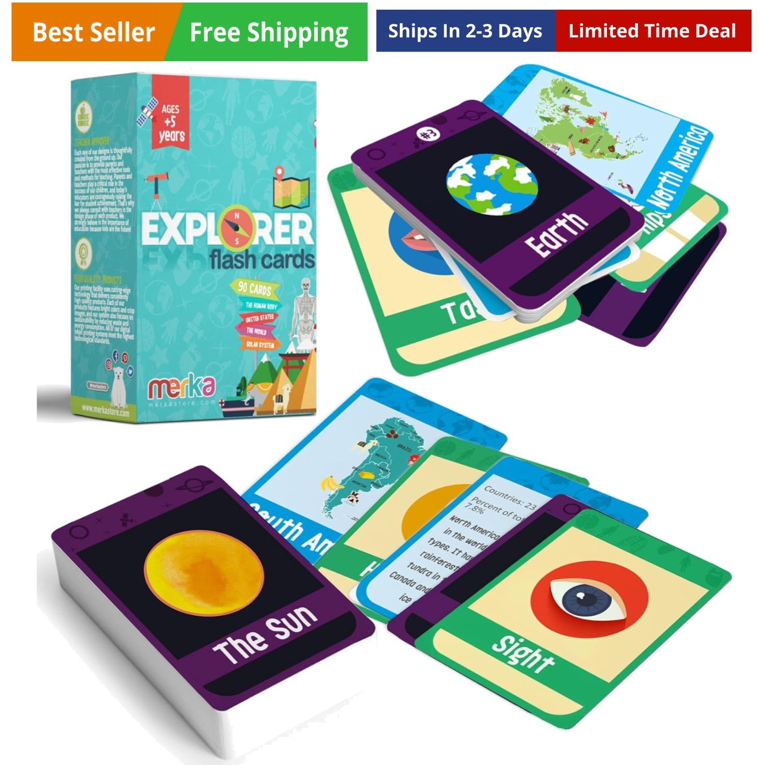 Science Flash Cards for Kids – 90-Count Multicolor Waterproof Deck – Solar Sy…