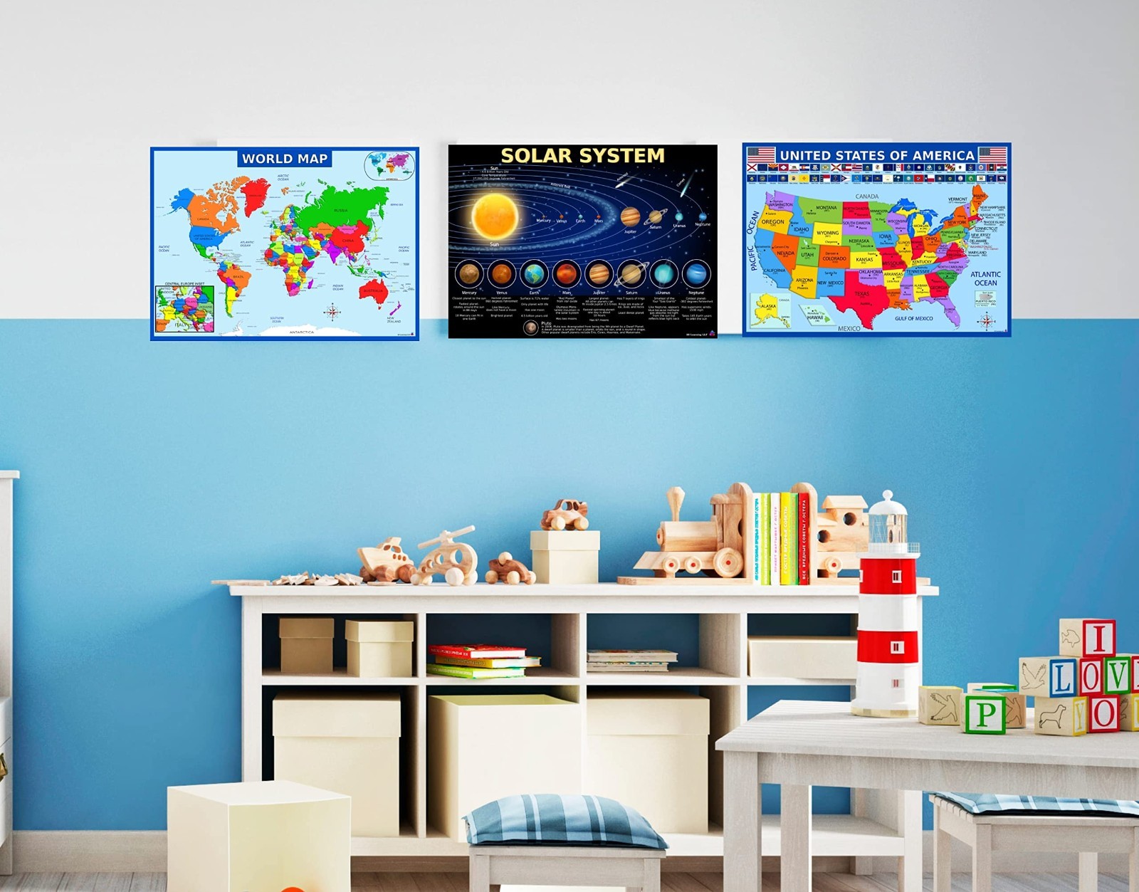Educational World Map & US Map Poster + Solar System – Laminated 14×19.5″ – Clas