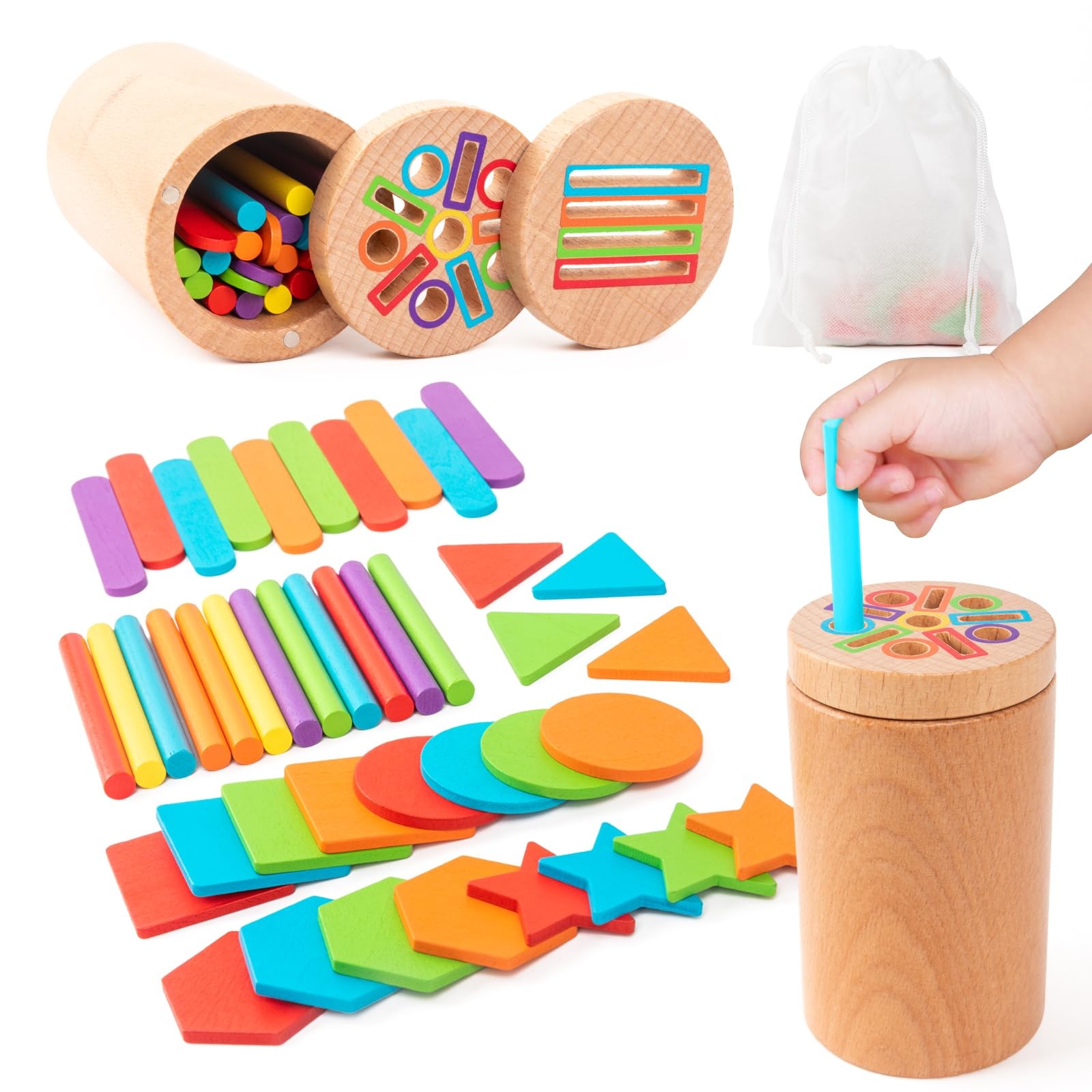 Montessori Wooden Toddler Toys， 3-in-1 Fine Motor Skills Small, Multicolor