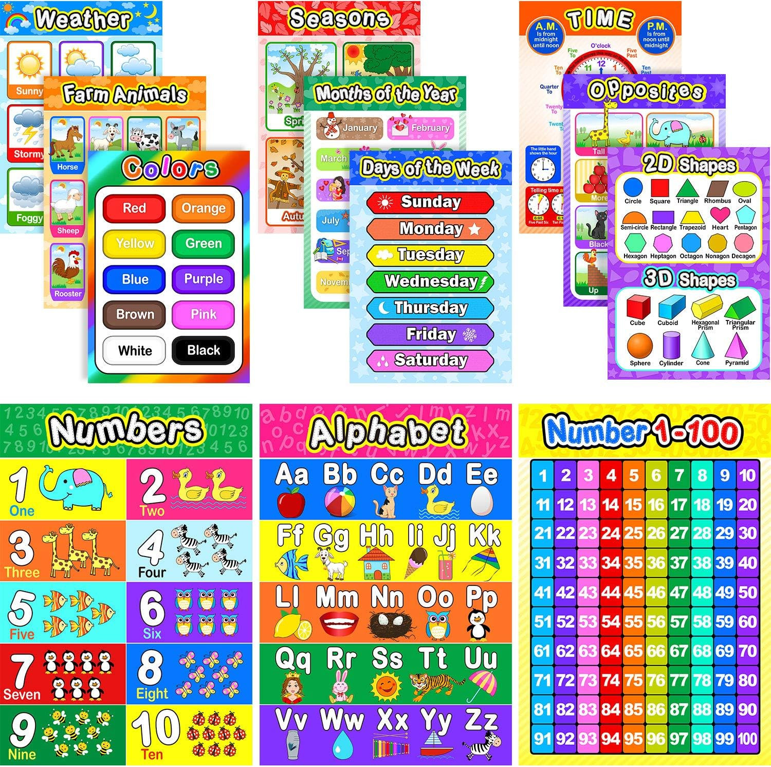 12 Pieces Educational Preschool Poster 16 X 11 Inch Educational Learning Posters