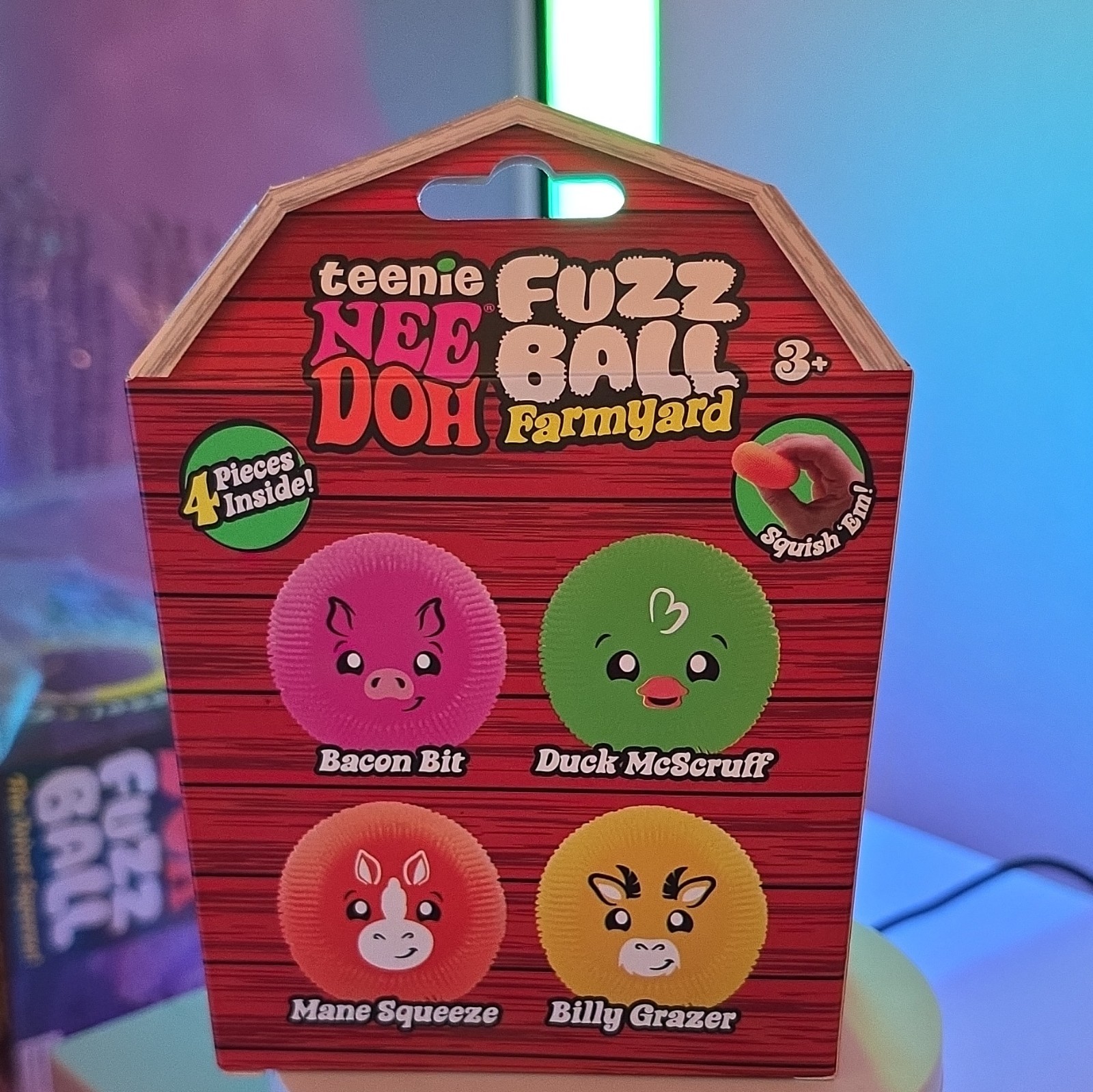 Nee Doh Teenie NeeDoh Fuzz Ball Farmyard Squeeze Toys, Multicolor 4pc, 3+