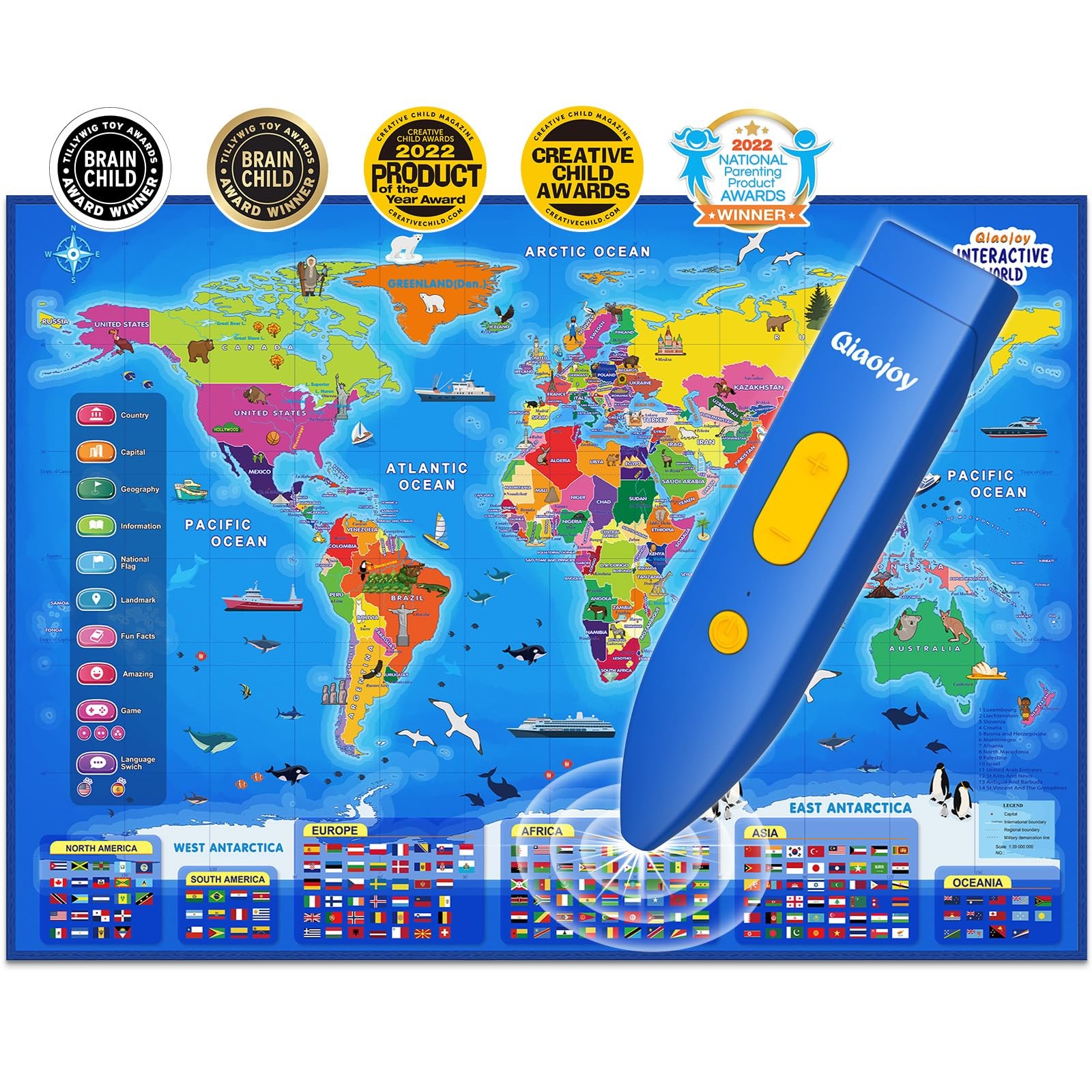 Qiaojoy Bilingual Interactive World Map for Kids Learning Large Poster, Blue