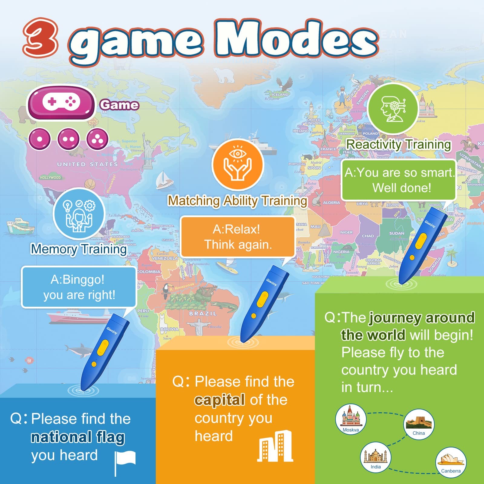 Qiaojoy Bilingual Interactive World Map for Kids Learning Large Poster, Blue