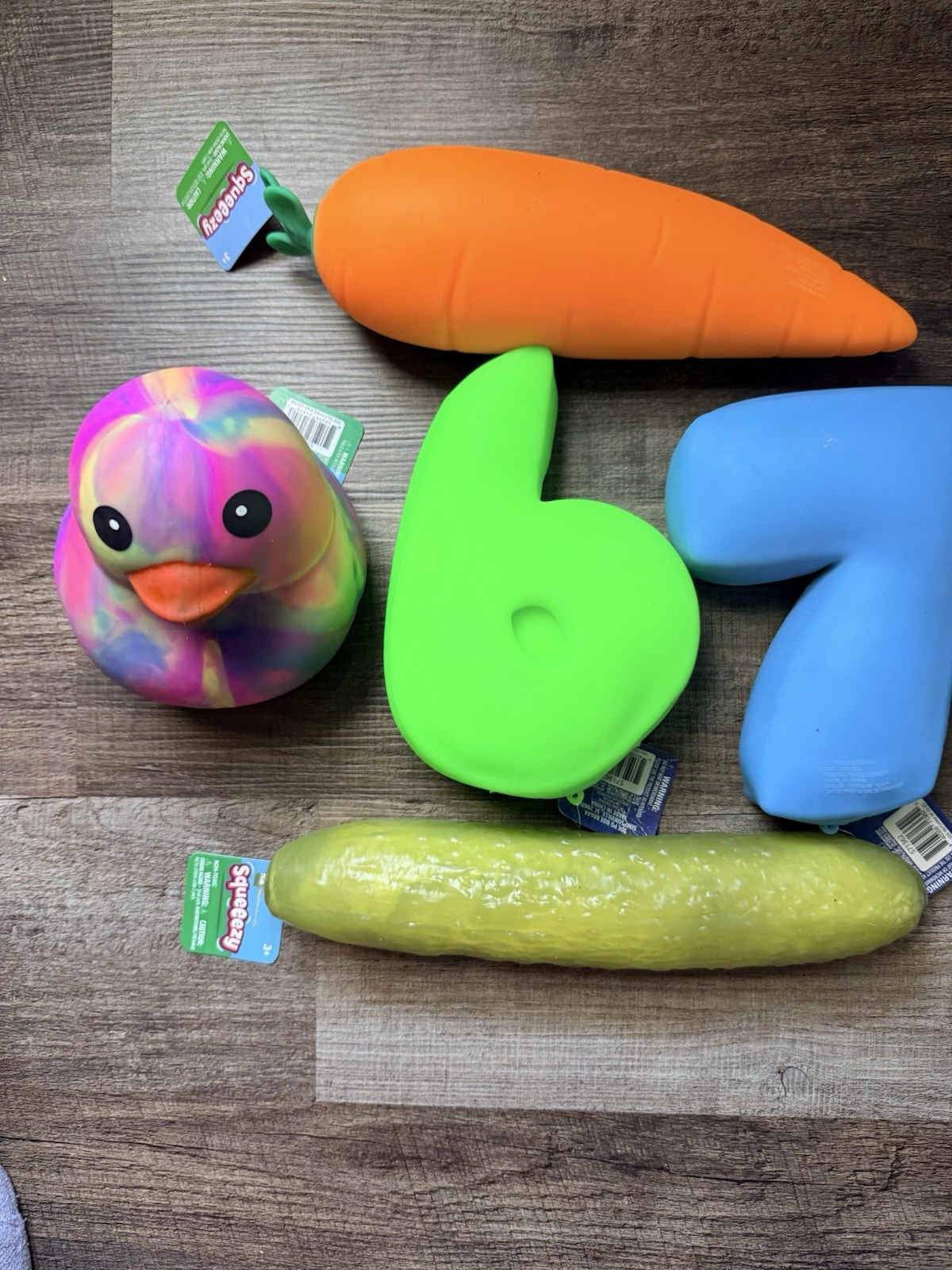 Squeezy Bundle Lot of 5! Squishy Duck, Carrot, 6, 7, Pickle