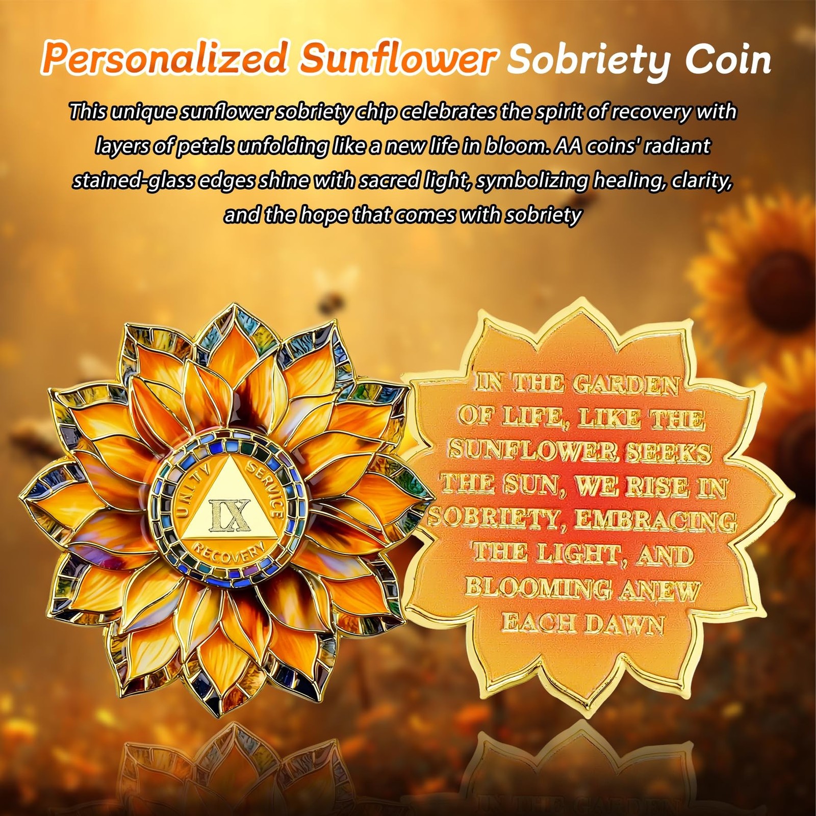 Sunflower 9 Year Sobriety Coin – Colorful Glass Broken and Rebuilt AA Coins -…