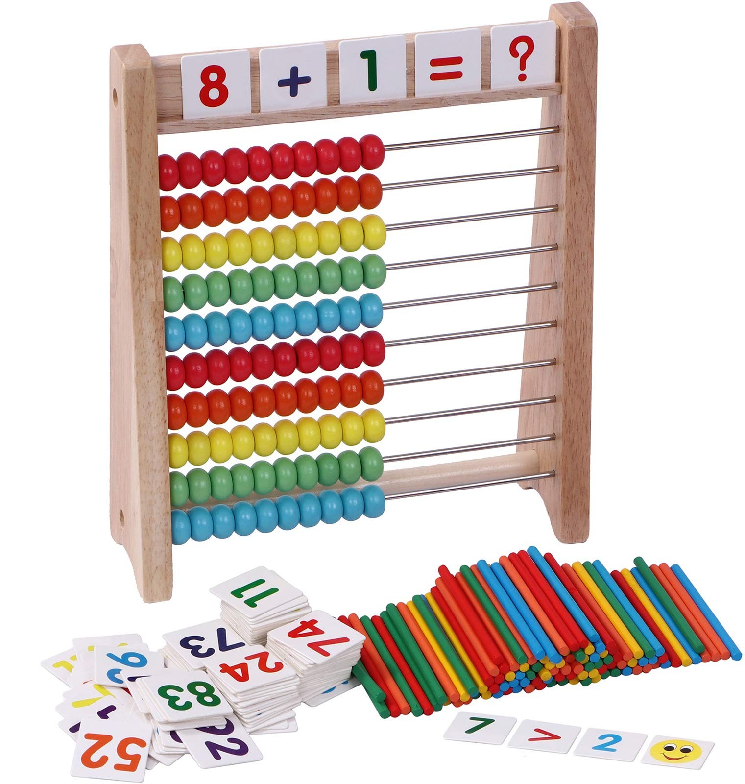 Wooden Abacus for Kids – 100 Counting Sticks and Number Toys Cards 1-100, Edu…