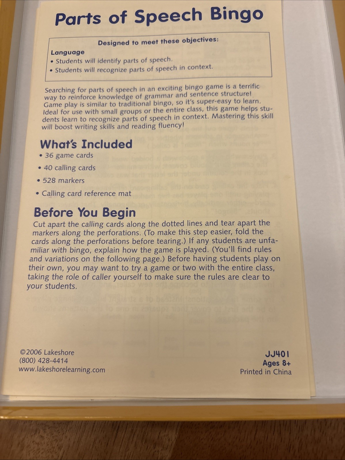 Lakeshore Parts Of Speech BINGO Learning Game Up to 36 Players Ages 8+