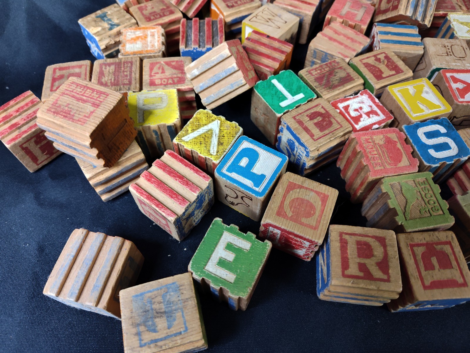 Vintage Wooden Alphabet Blocks Lot Antique ABC Number Animal Learning Toy Set