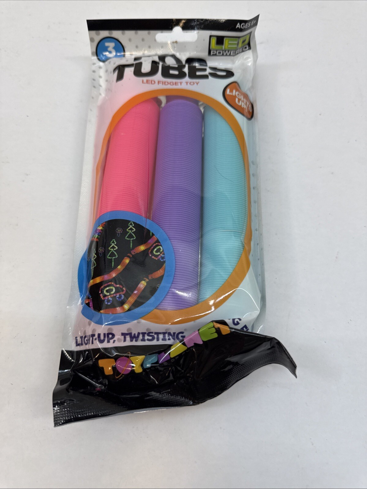 New Sealed Pkg Big Time Toys LED Light Up Pop Tubes Fidget Toy 3pk Twisting