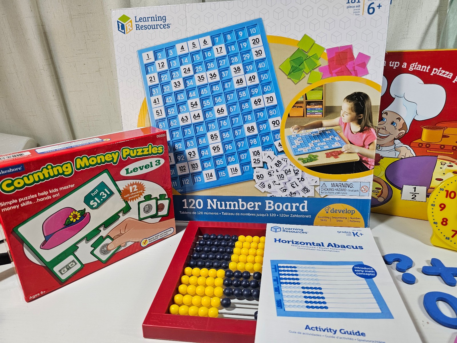 LOT Fraction Pizza Game, 120 Number Board, Abacus, Money Puzzle Homeschool