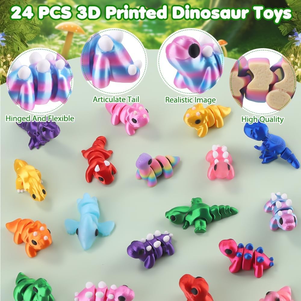 24 Pcs 3D Printed Dinosaur Animals Set, Mini Animals 3D Figurines Toys Set Cute