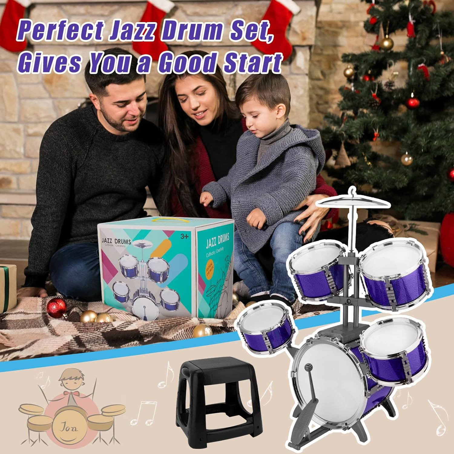 Kids Drum Set Jazz Drum Rock Kit Toys for 3 4 5 6 7 Year Old – 5 Piece Toddler B