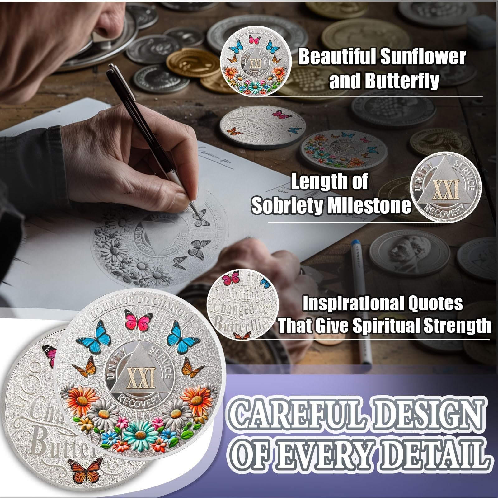 Colorful Sunflower 21 Year Sobriety Coin, Butterfly AA Coin – Courage to Chan…