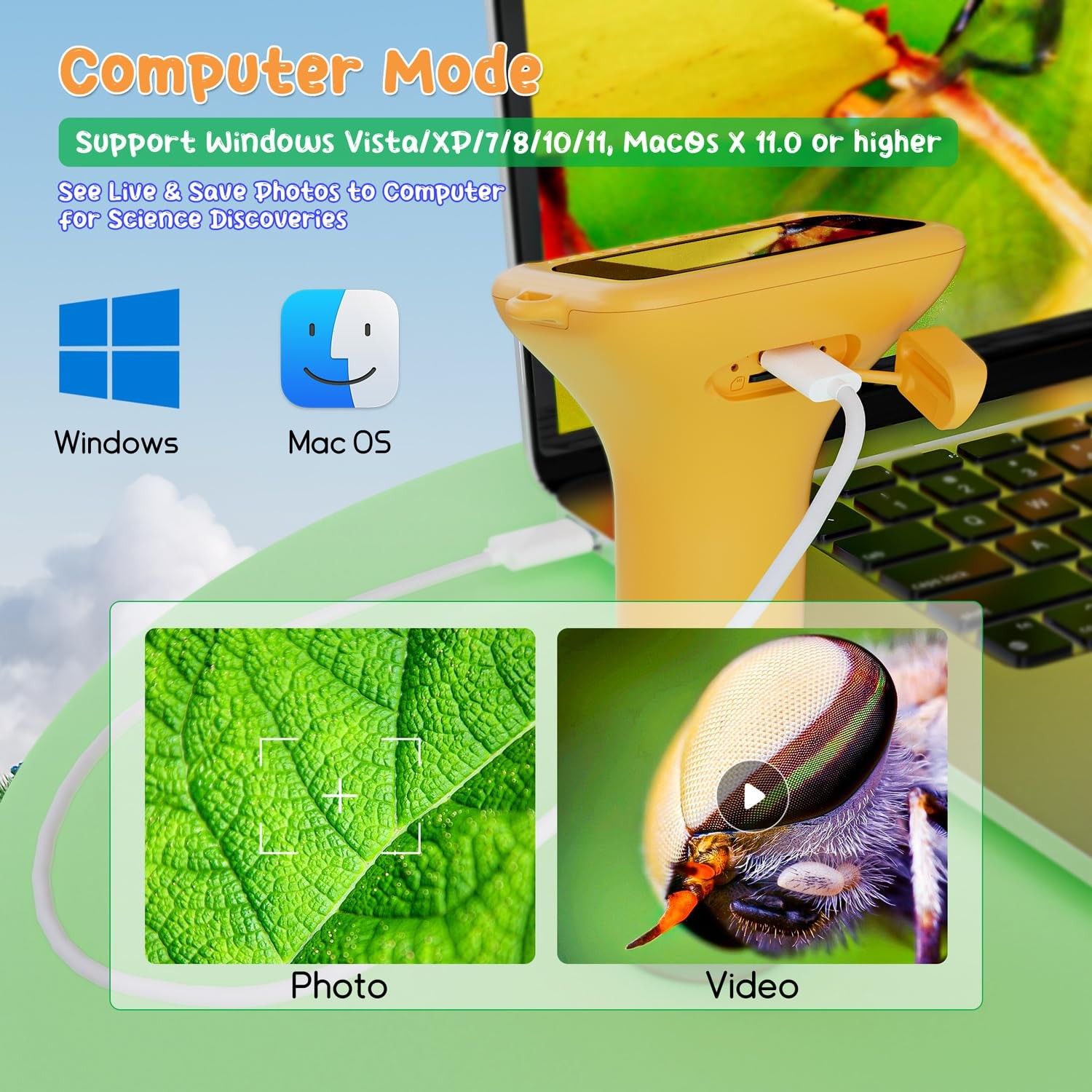 SKYBASIC Digital Microscope for Kids, 2″ Screen 1000X Handheld Yellow