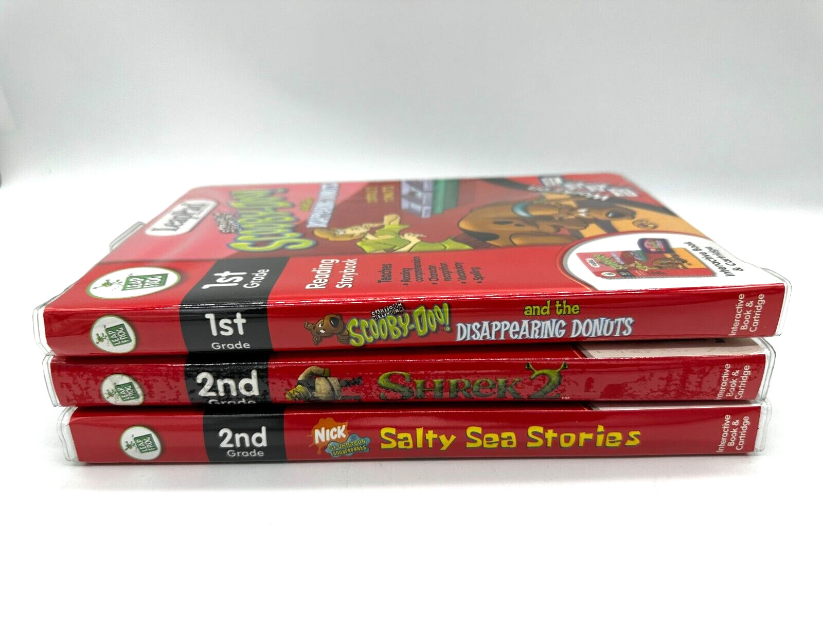 Lot 3 NEW Leap Frog Interactive Book & Cartridge SpongeBob, Scooby-Doo, Shrek 2