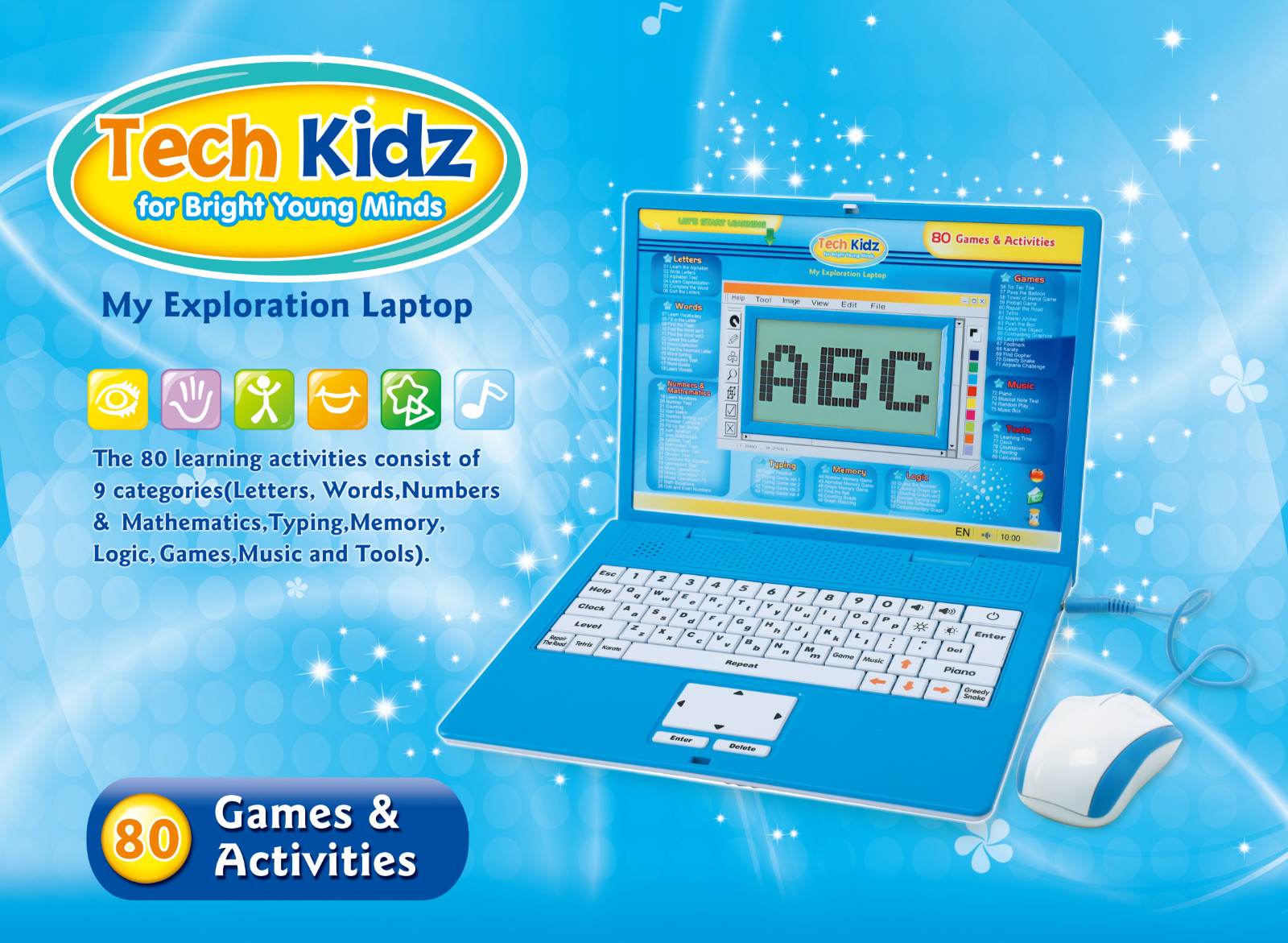 Tech Kidz Toy Computer Laptop Computer 80 Challenging Learning Activities (Blue)