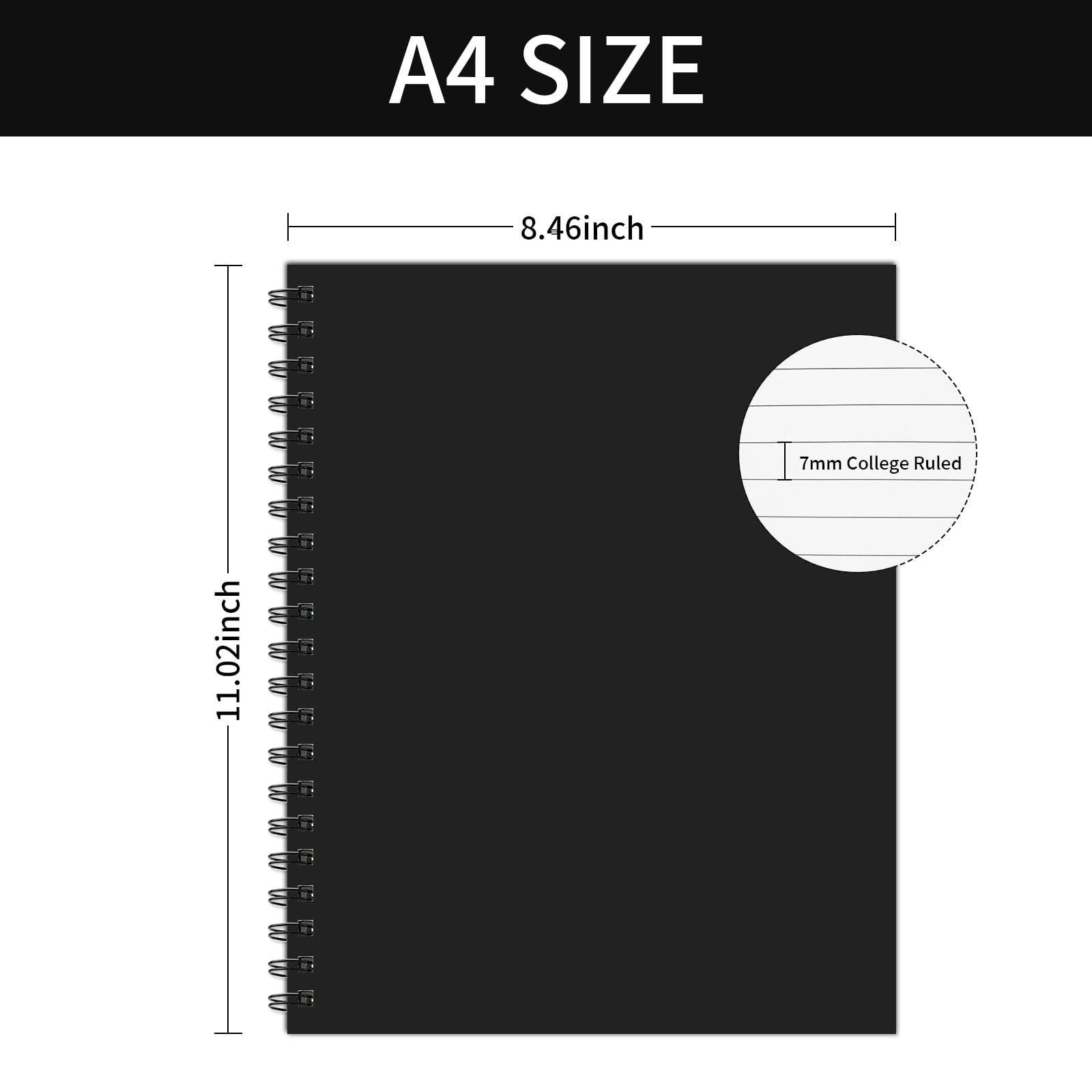Lined Spiral Notebook A4 Large Black Journal 8.5″ x 11″-4 Pack 7mm College Ru…