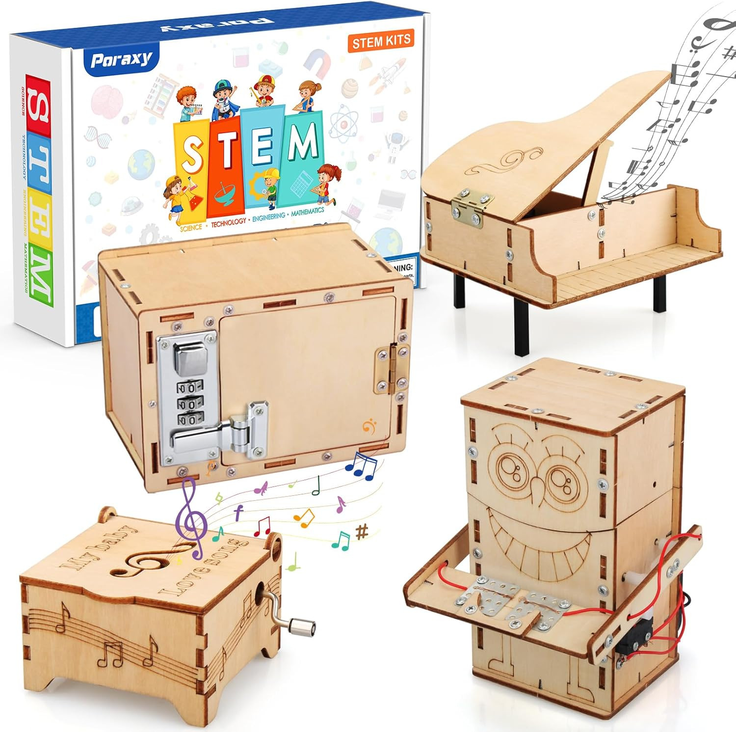 Poraxy 4 Set STEM Kits for Kids Ages 8-10 10-12, Toys for Ages 8-13, Music Box,