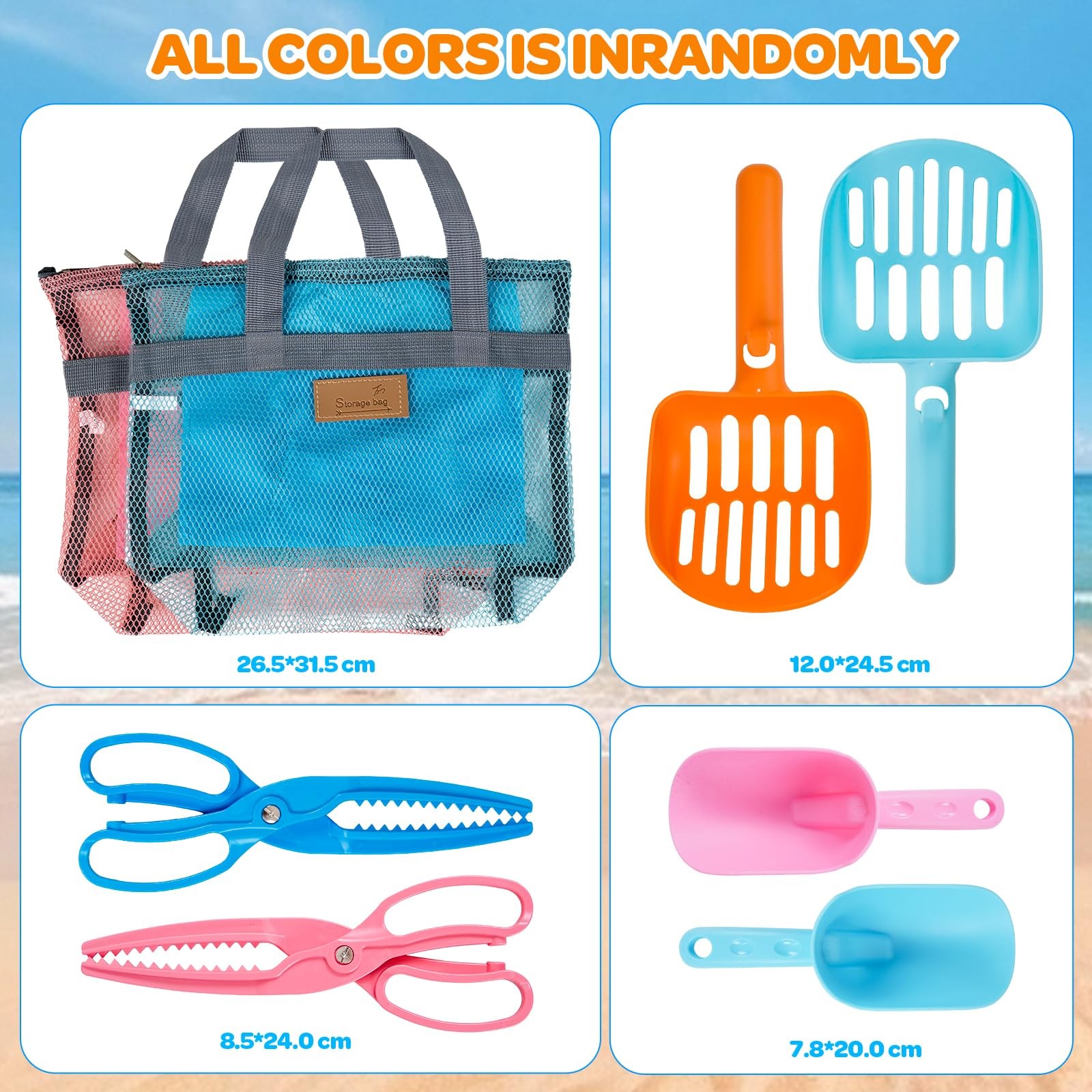 Beach Sand Toy Kids Age 4-8 Sandbox Kits with Mesh Shell Bags, Multicolored
