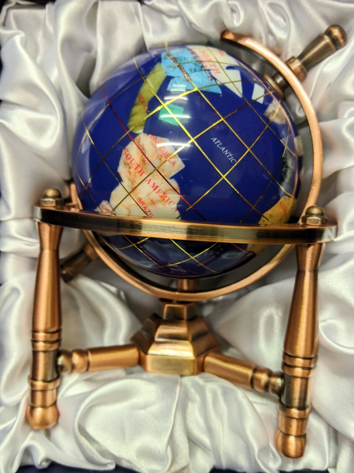 Unique Art 6-Inch Mini BLUE LAPIS Gemstone World Globe with COPPER Tripod office