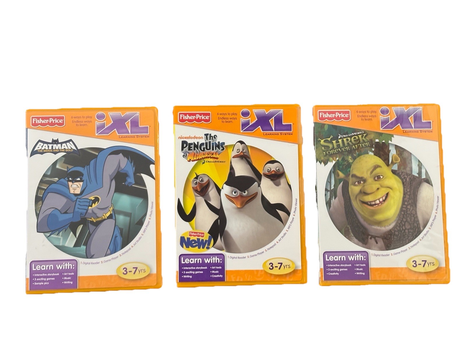 Fisher Price iXL Software Lot 3 Games Batman Shrek Penguins Learning System Gift