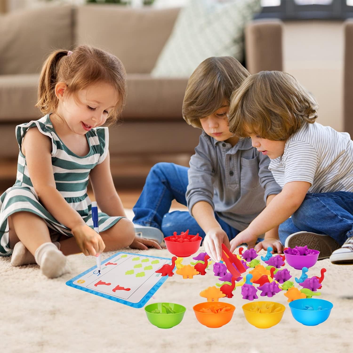 Counting Dinosaurs Montessori Toys for 3 4 5 Years Old Boys Small, 6 Bowls
