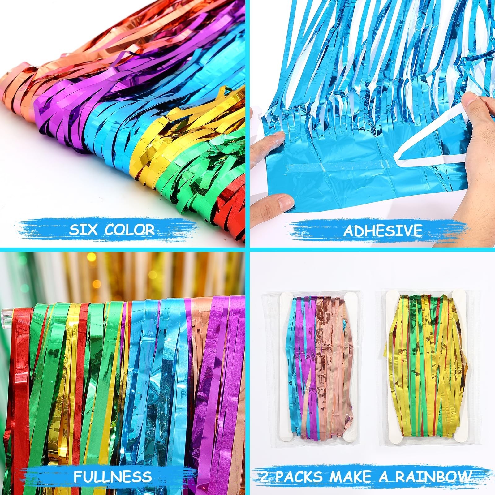 2 Pack Rainbow Foil Fringe Curtains, 3.3ft x 6.6ft Mexican Style Rainbow Stre…