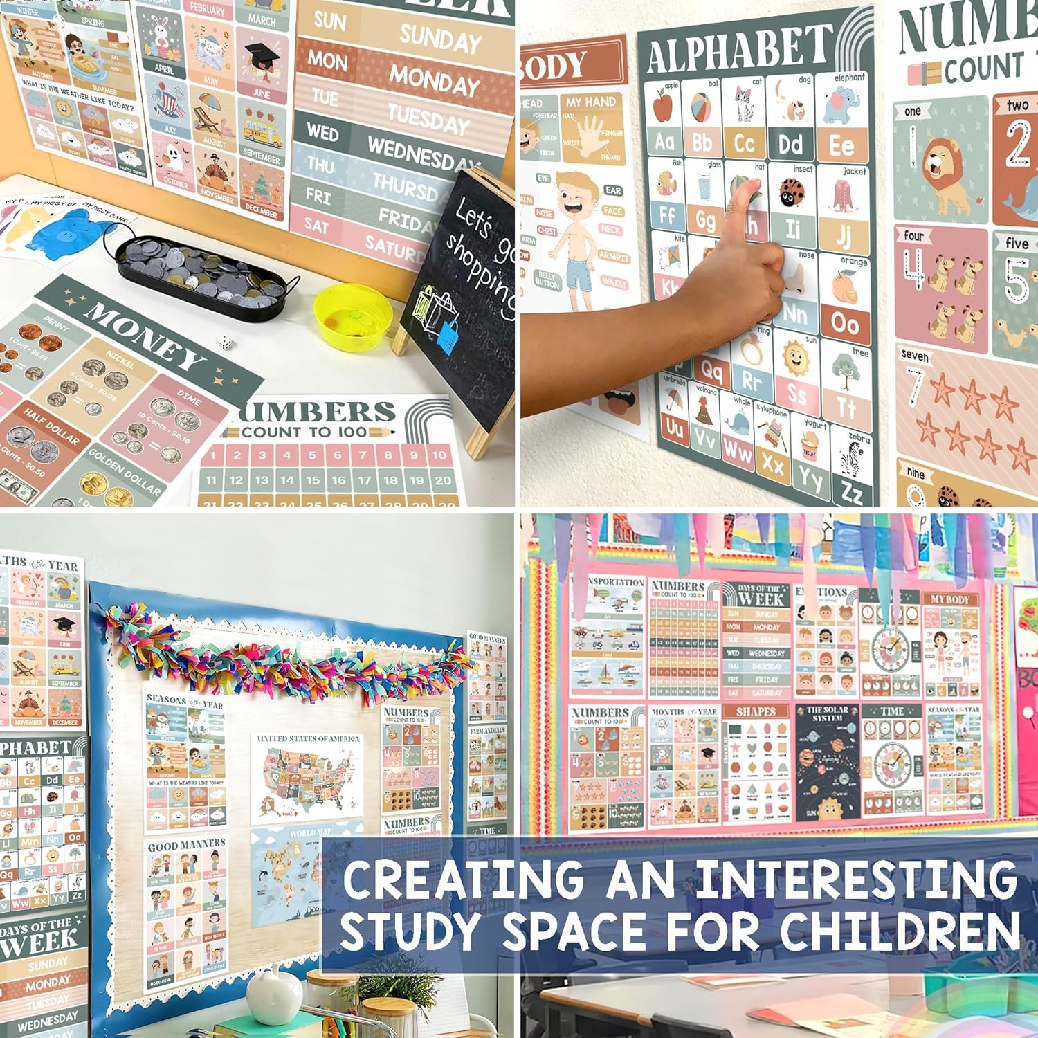 BEAWART 18 Modern Boho Educational Posters for Preschoolers – Laminated Pre-K an