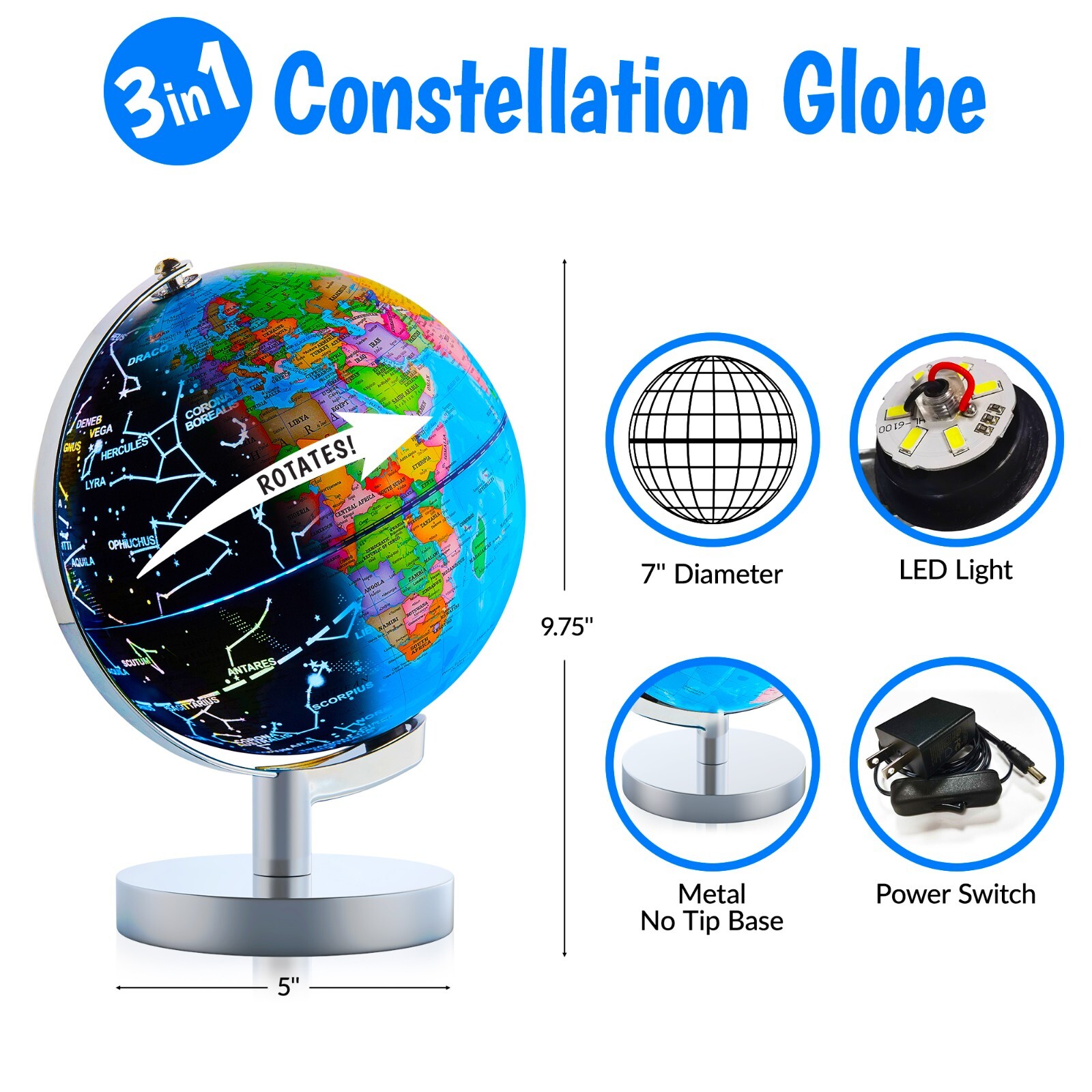 USA Toyz Illuminated Globe of the World with Stand – 7.2″ Diameter