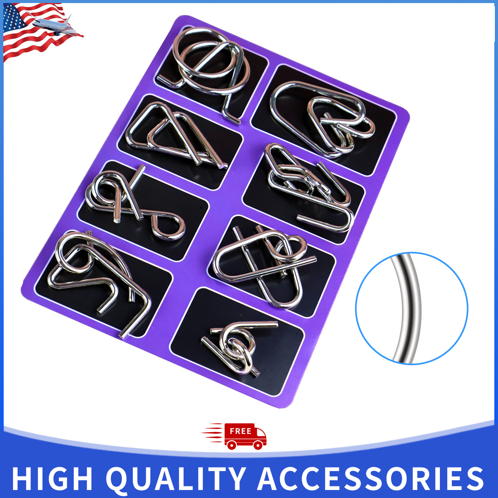 8PCS Purple Metal Wire Puzzle Brain Teaser Nine Linked Rings Toy
