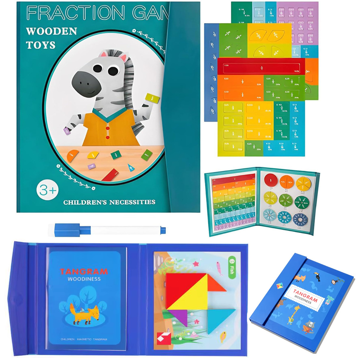 Magnetic Fractions Demonstration Book & Magnetic Wooden Tangram Block Puzzle Kit