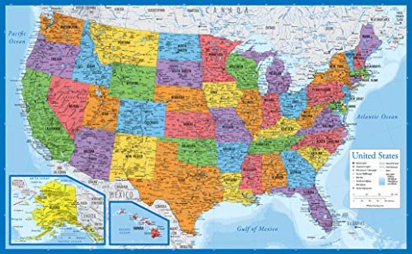 Palace Learning Laminated USA Map – 18″ x 29″ – Wall Chart Assorted Colors