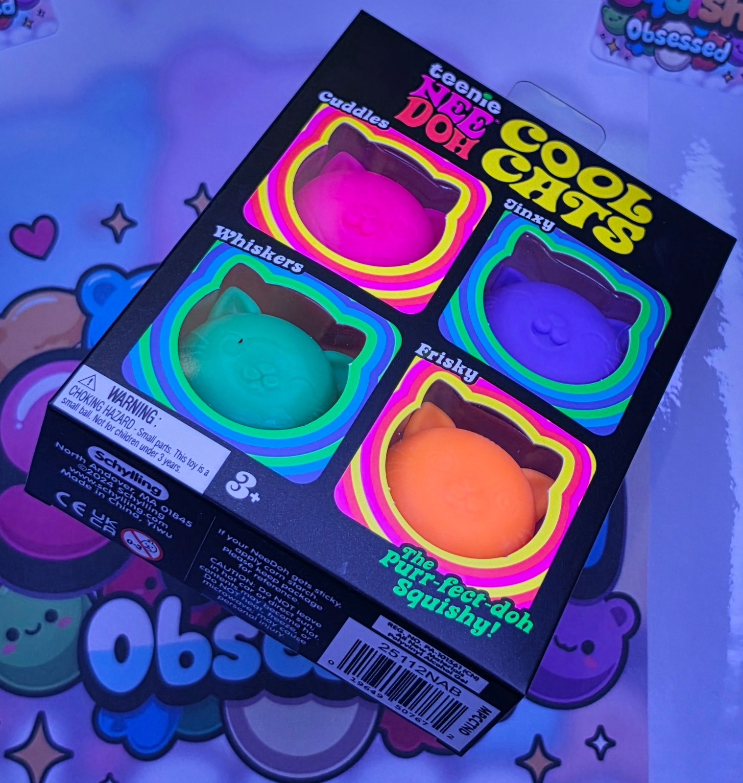 100% Authentic Schylling Teenie NeeDoh Cool Cats Pack (Pink,Purple,Green,Orange)
