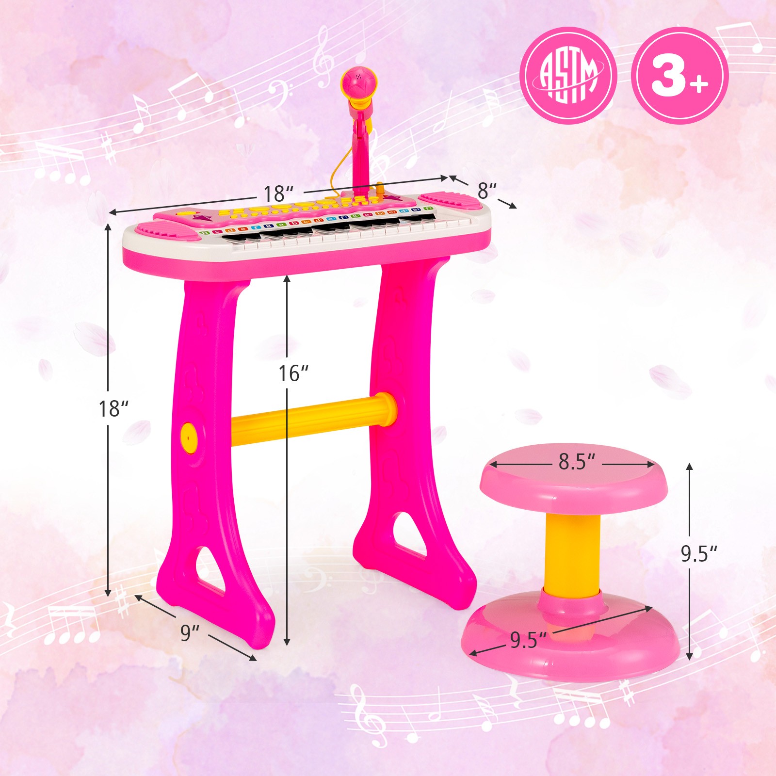 31 Key Kids Piano Keyboard Toy Toddler Musical Instrument w/ Microphone Pink