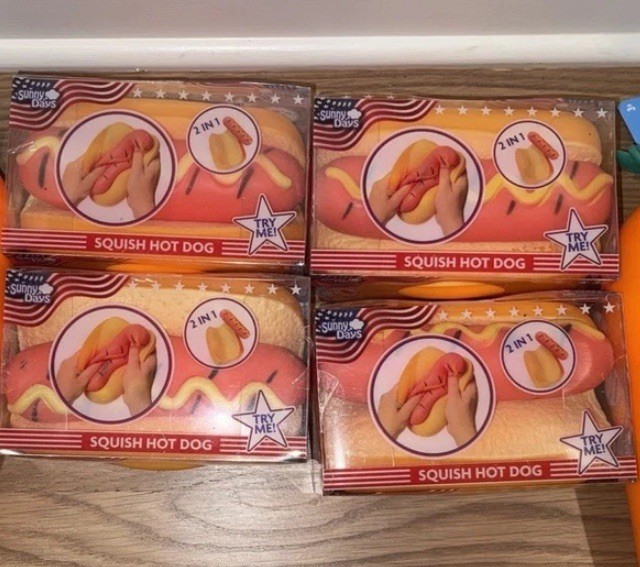 Sunny Days Squeezy Squish Hot Dog 2-in-1 Tactile Squeeze Toy 4 Pack Red/Yellow