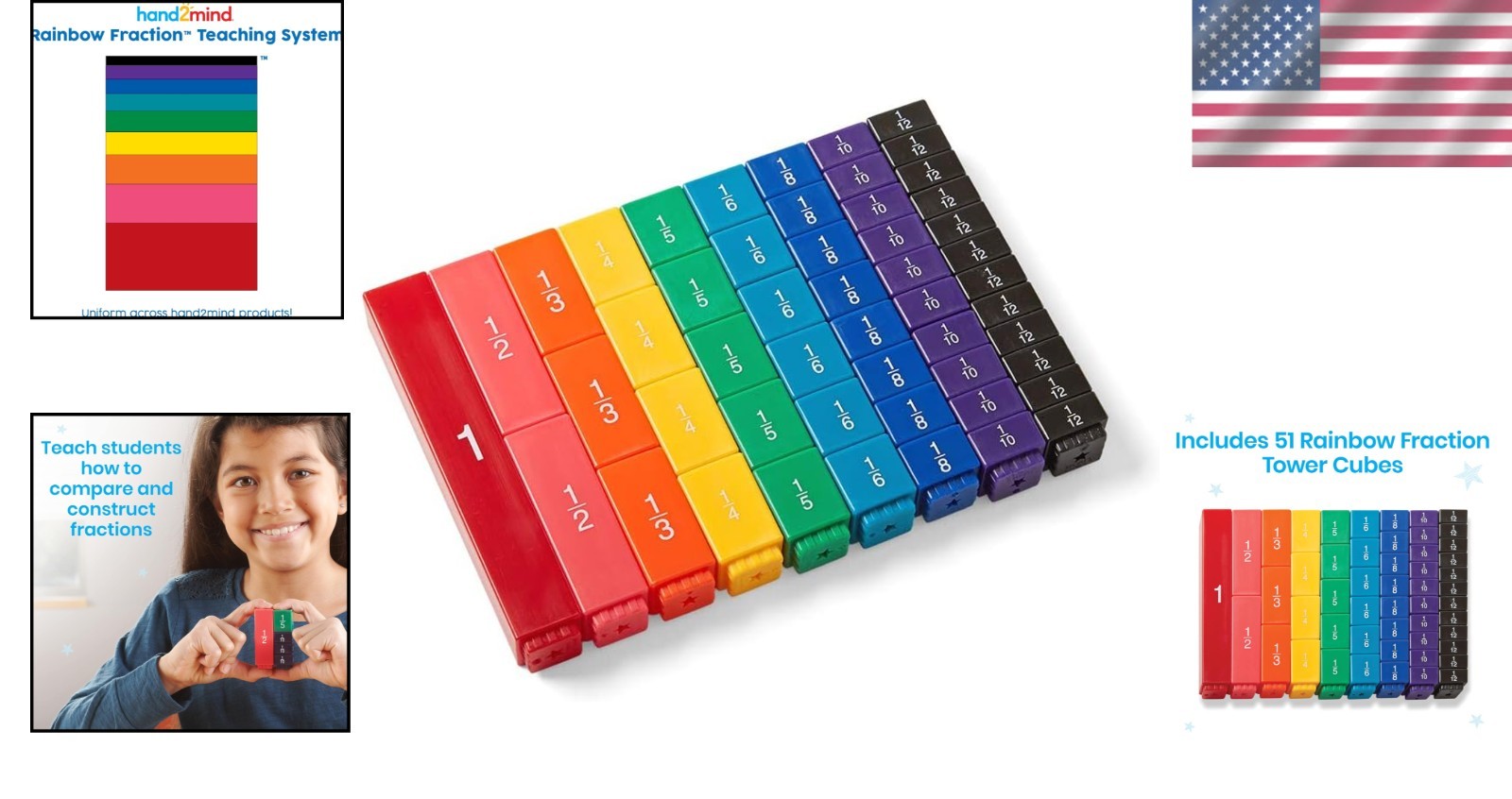 Rainbow Fraction Tower Cubes Set of 51 Multi Color Plastic Math Manipulatives
