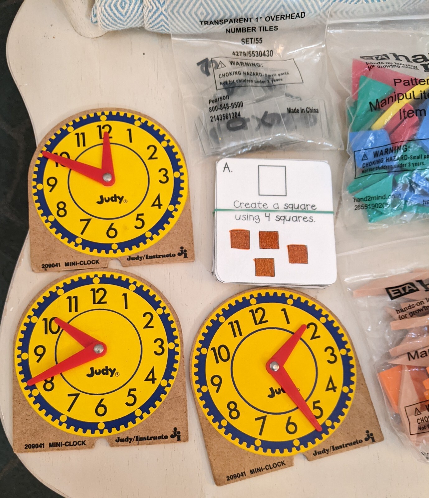 ETA Green Foam Base Ten Cuisenaire Learning Rods & Hand2mind Shapes & Clocks Etc