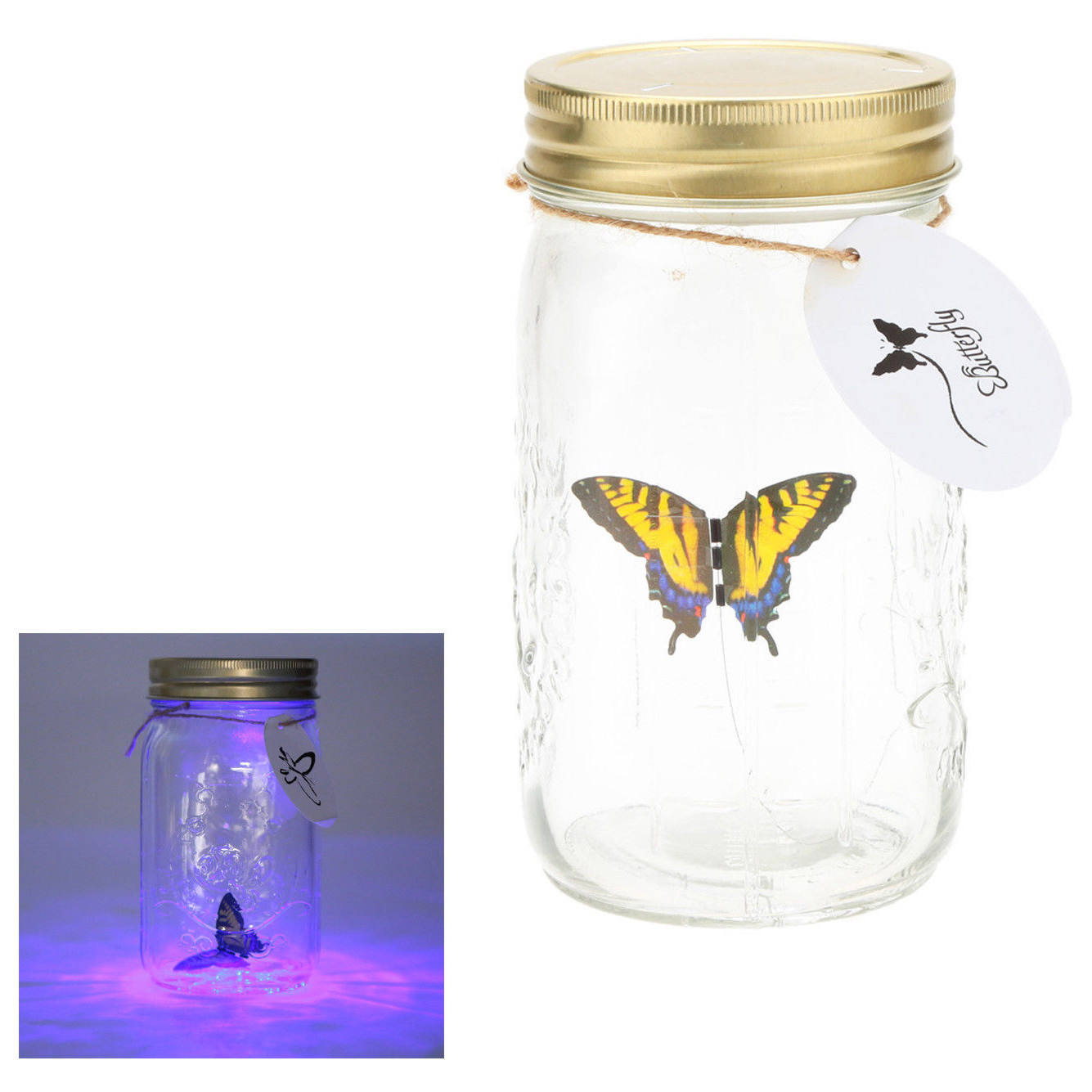 Animated Butterfly in a Jar – Yellow Swallow, Tap to Activate, LED Lighted