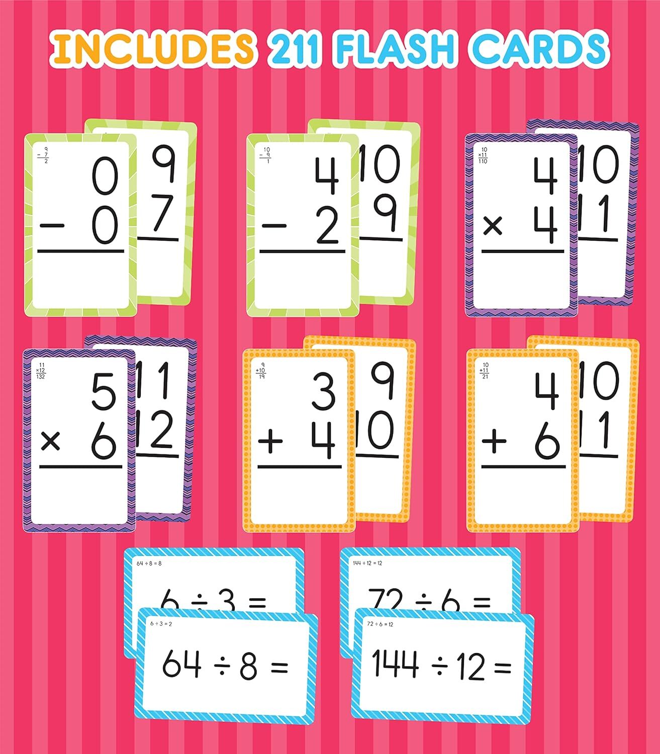 Carson Dellosa 4-Pack Math Flash Cards for Kids Ages 4-8, 211 Addition and Subtr