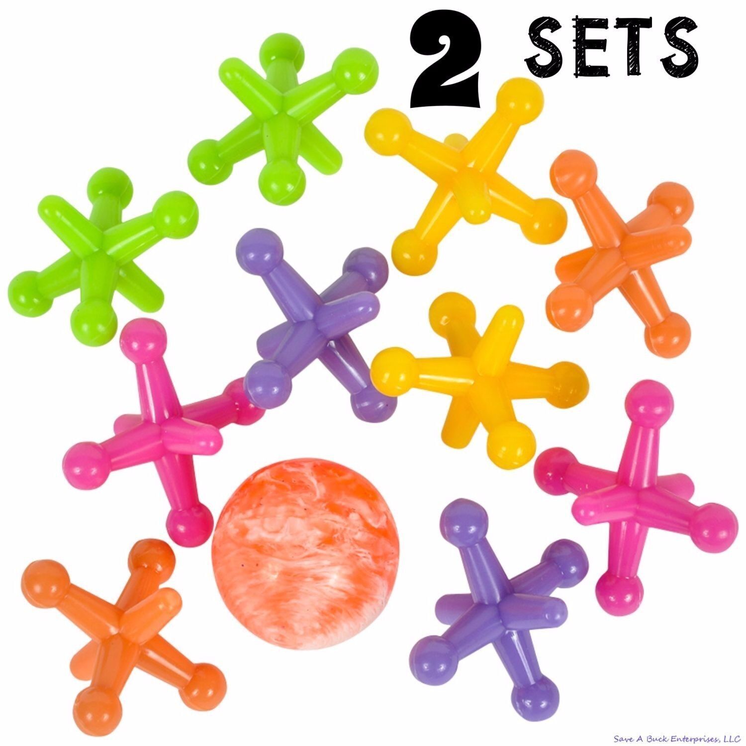 2 SETS – LARGE SIZE NEON JACKS AND RUBBER BOUNCE BALL GAME CLASSIC KIDS TOY