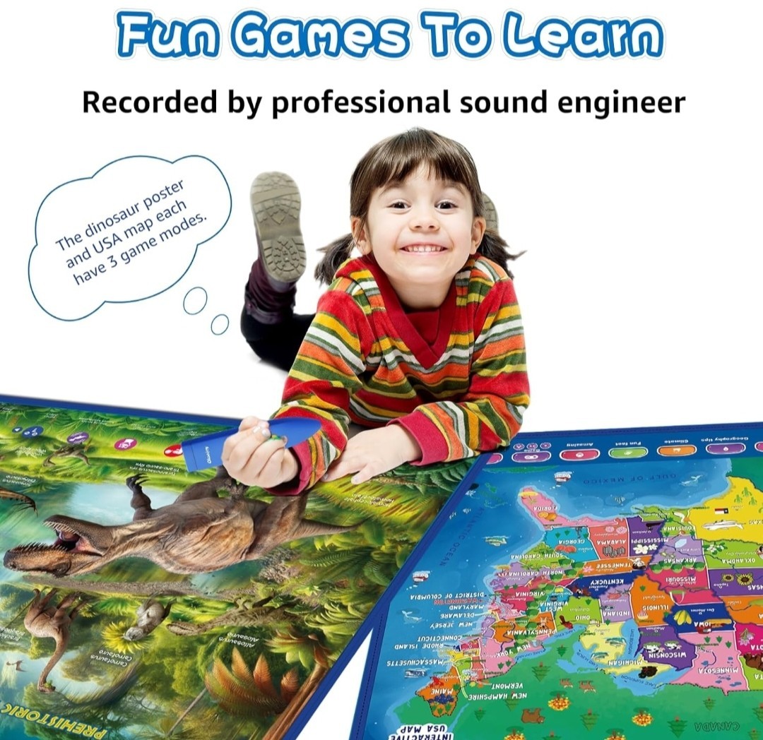 Bilingual Talking USA Map & Dinosaur Learning Poster for Kids Ages 3-12.