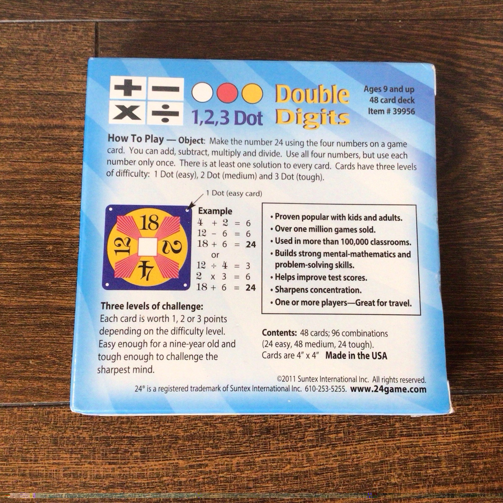 24 Game – Double Digits 1,2,3 Dot / 48 Cards/96 Combinations Math Game Ages 9+