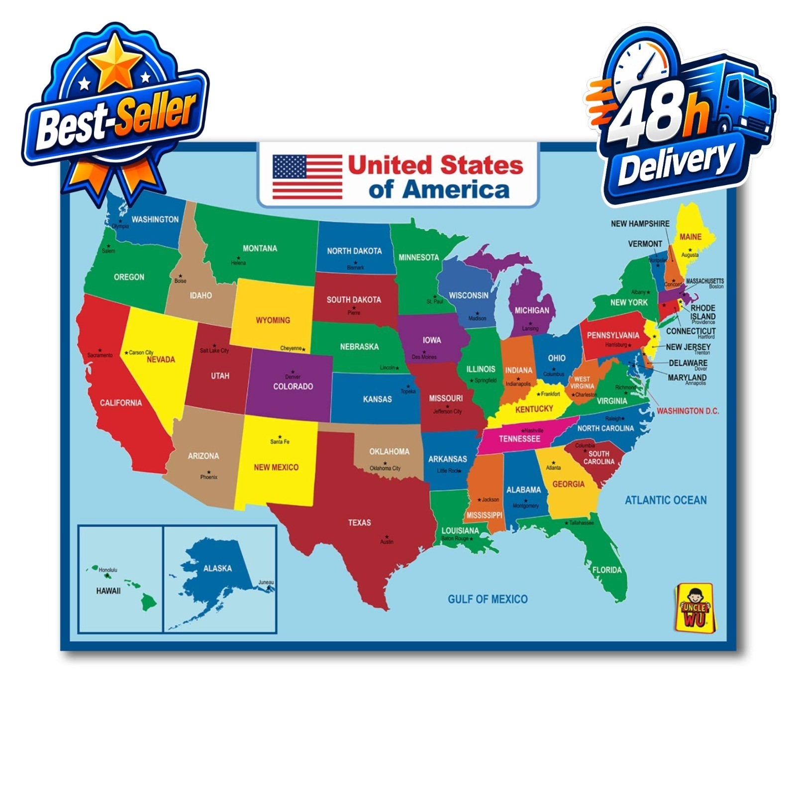 United States Map Laminated Poster – Educational Dry Erase Double Side