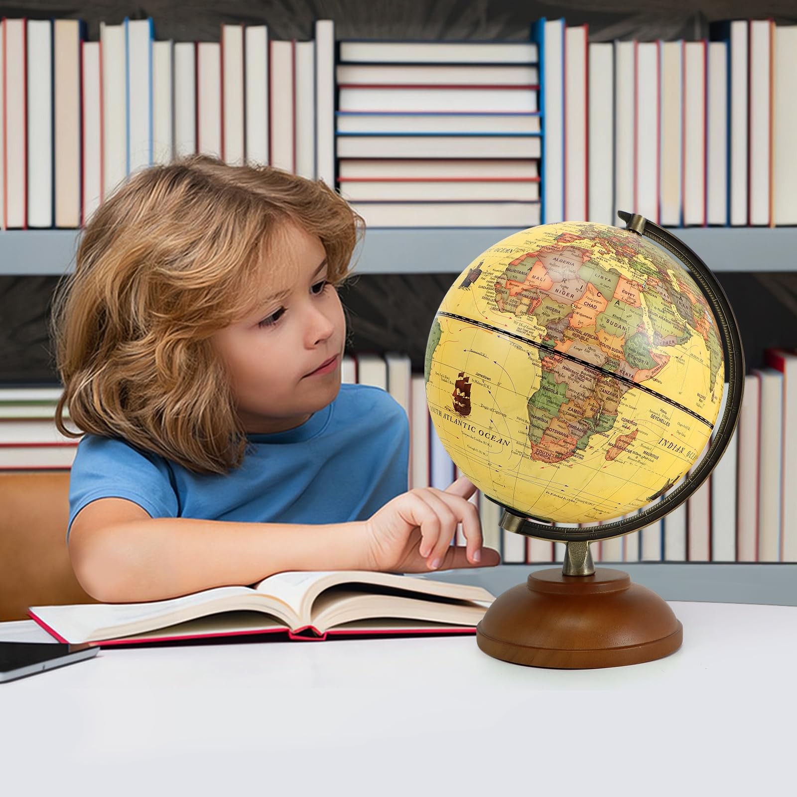 Illuminated World Globe with Wood Stand, 8” Vintage Globes 8 inch